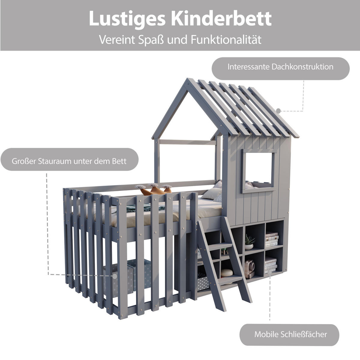 KINDERBETT 90/200 cm in Grau Massivholz mit Stauraum und Hausbett-Design - Grau, Holz/Holzwerkstoff (90/200cm) - WISHDOR