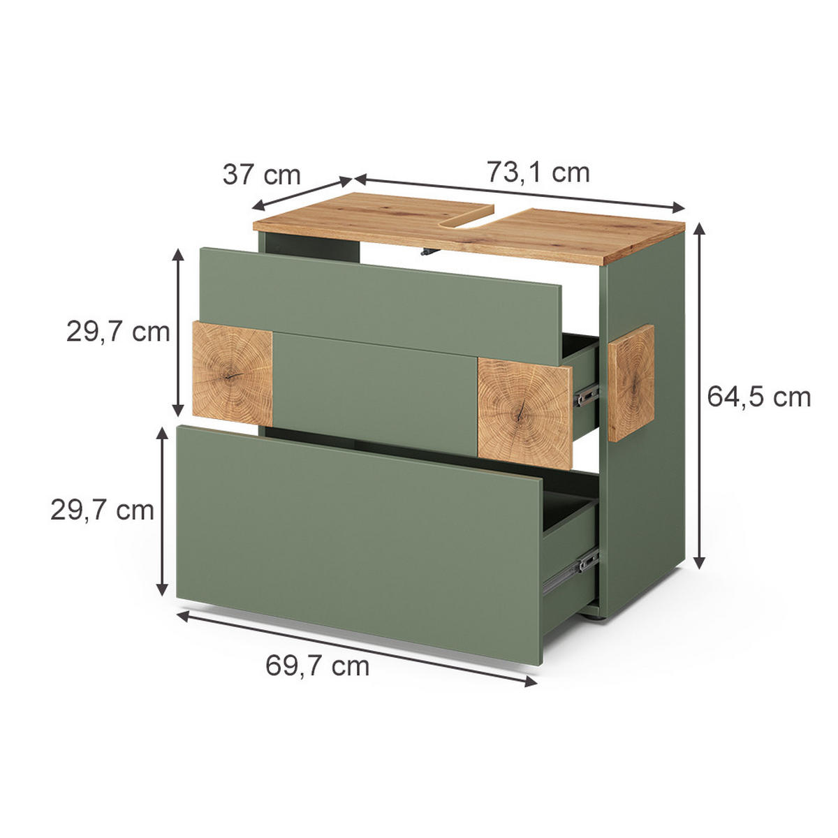 WASCHBECKENUNTERSCHRANK Eden Grün/Artisan 70 x 64.5 cm mit 2 Schubladen - Hellgrau/Grün, Holzwerkstoff (70/64.5/37cm) - Vicco