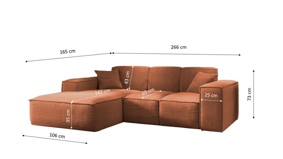 ECKSOFA L-Form Wohnzimmer SIENA Stoff Poso Kupfer Rechts - Kupferfarben, Holz/Textil (266/165cm) - Kaiser Möbel