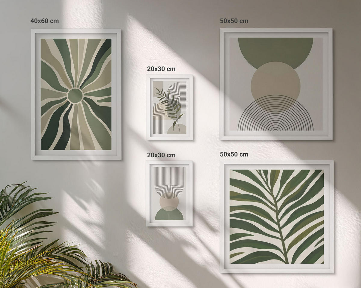 BILDER SET 5er Set - 50x50 cm & 20x30 cm & 40x60 cm Weißer Rahmen - Abstrakte Blätter im Boho-Stil - Weiß, Kunststoff (40/60cm) - TULUP