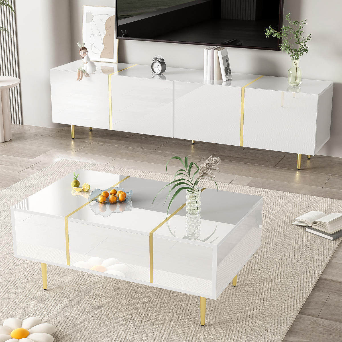 COUCHTISCH TV-Schrank und 2-tlg Set Weiß Hochglanz Modern - Weiß, Holz (60/39/29.5cm) - Raelunyi