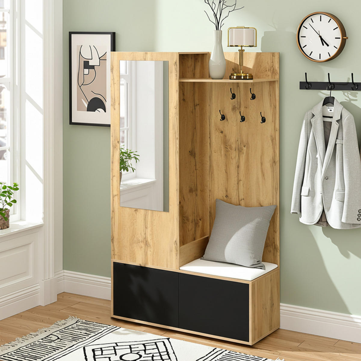 GARDEROBEN-SET 100 cm Schwarz & Natur – Kompaktgarderobe mit Spiegel, Schuhbank & versteckter Kleiderstange - Naturfarben, Holzwerkstoff (100/191/38cm) - Urban Meuble