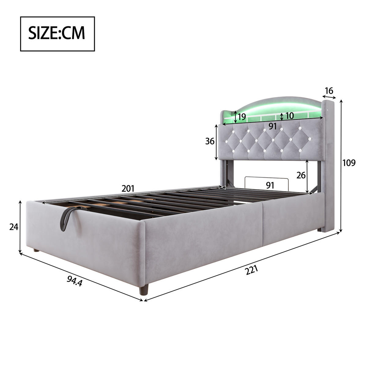POLSTERBETT 90/200 cm Grau mit Stauraum, LED und USB- und Type-C-Anschlüssen - Grau, Textil (90/200cm) - Flora Grace