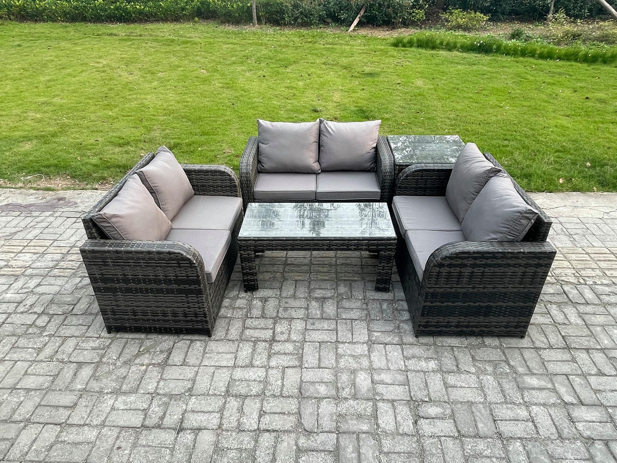 GARTENSOFA SET mit rechteckigem COUCHTISCH Polyrattan 6-Sitzer Dunkelgrau - Dunkelgrau/Grau, Glas/Kunststoff - Fimous