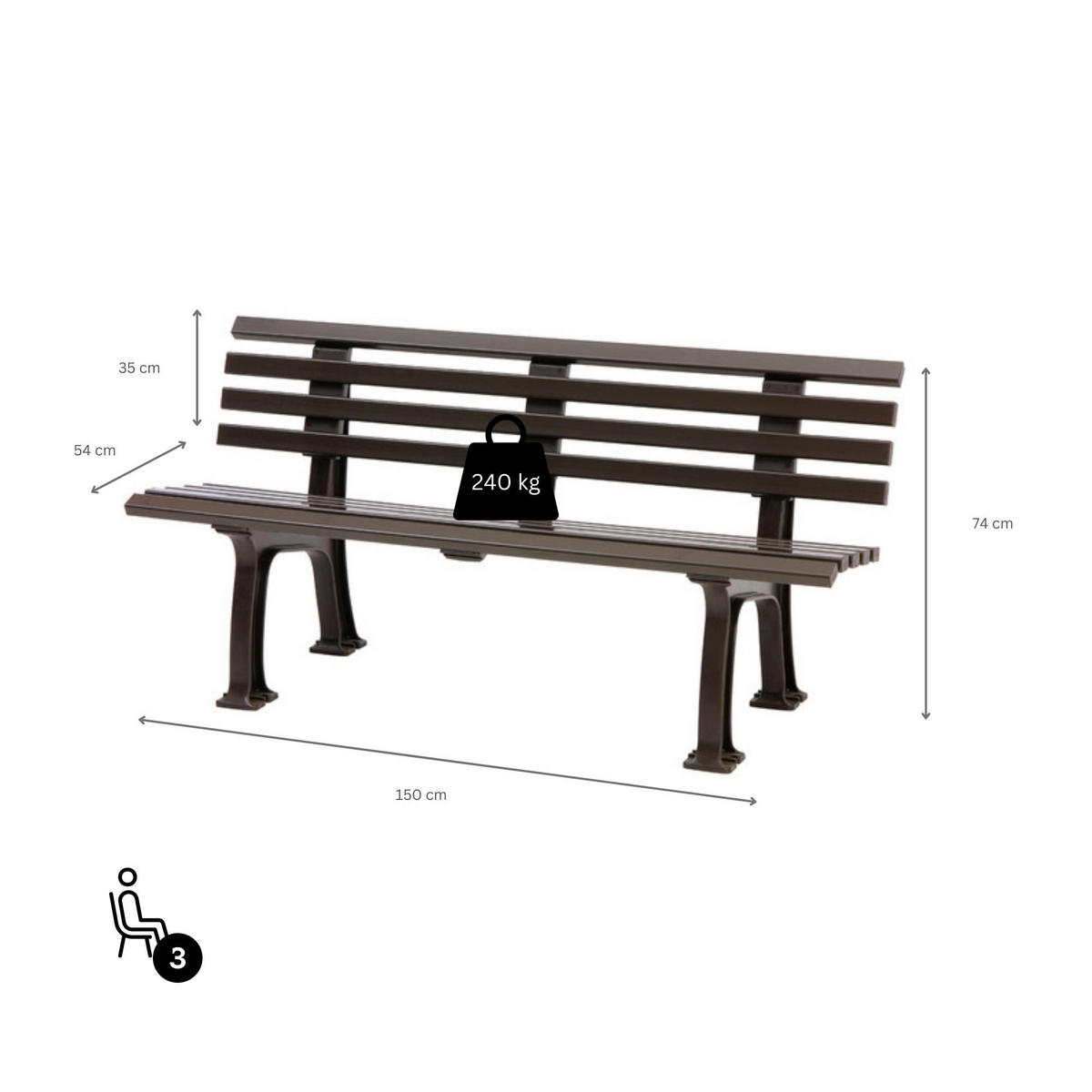 GARTENBANK Antigua 3 Sitzer Braun 74 x 150 x 54 cm Witterungskunststoff & UV Beständiger Kunststoff - Braun, Kunststoff (150/74/54cm) - PROREGAL