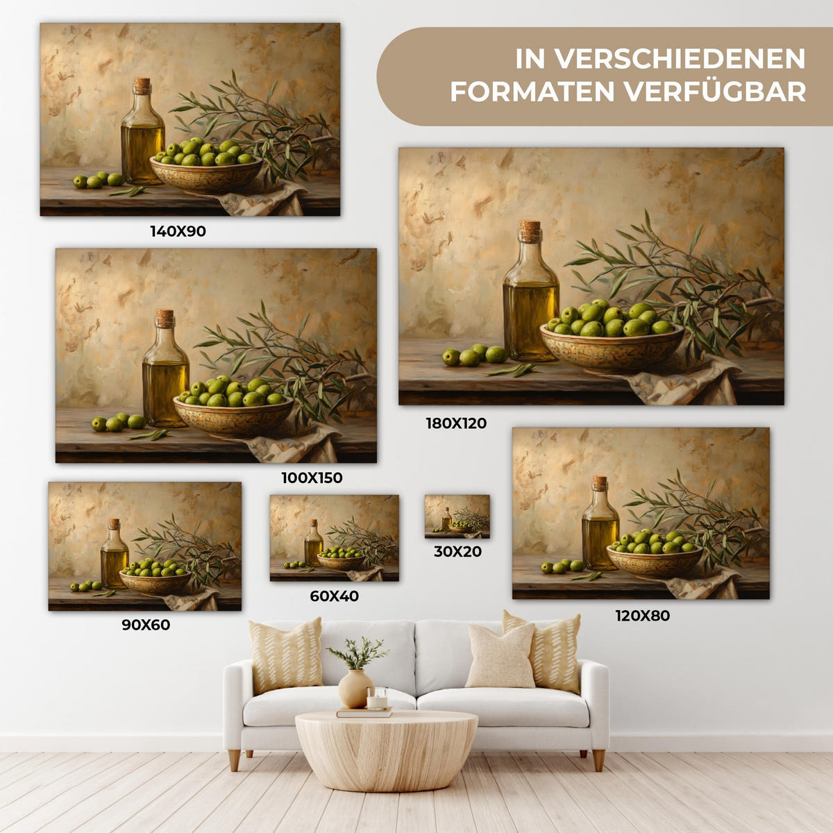 LEINWANDBILD Oliven - Stilleben - Vintage Wohnzimmer 120x80 cm - Olivgrün, Textil (120/80cm) - MuchoWow
