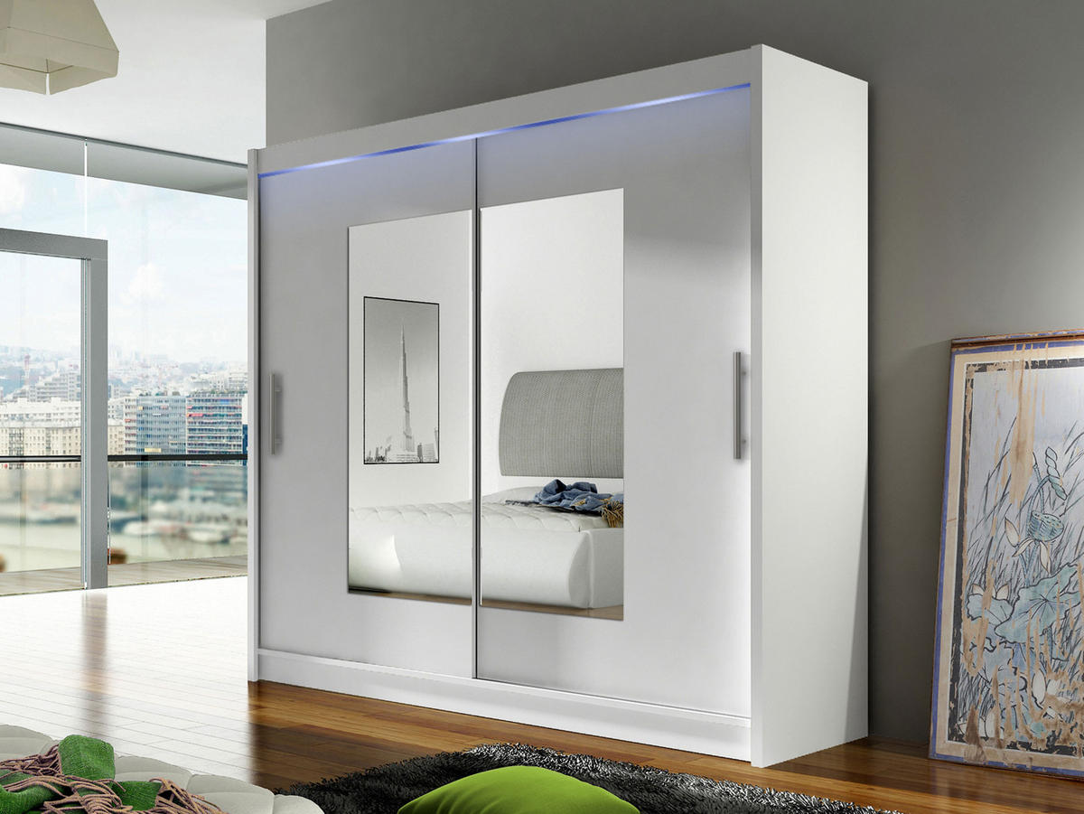 KLEIDERSCHRANK London VII, mit RGB LED Beleuchtung - Silberfarben/Weiß, Holzwerkstoff/Kunststoff (180/215/58cm) - MIRJAN24
