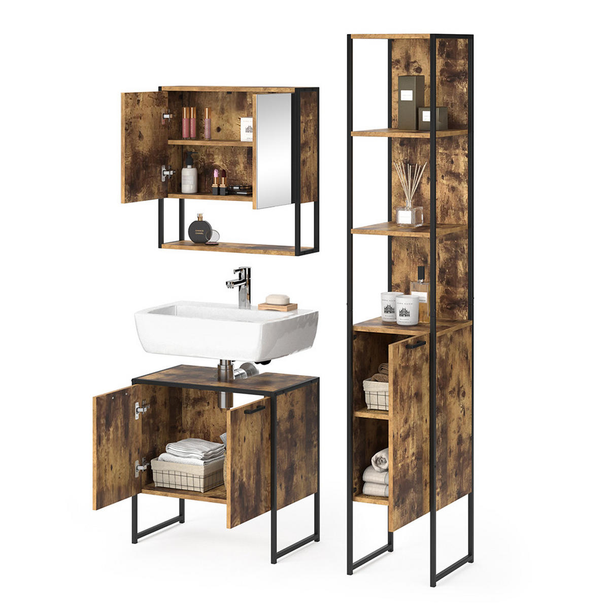 BADMÖBEL-SET Fyrk Antikholz 3 Teile, mit Unterschrank 60 cm - Eichefarben/Schwarz, Holzwerkstoff (60/60/33cm) - Vicco