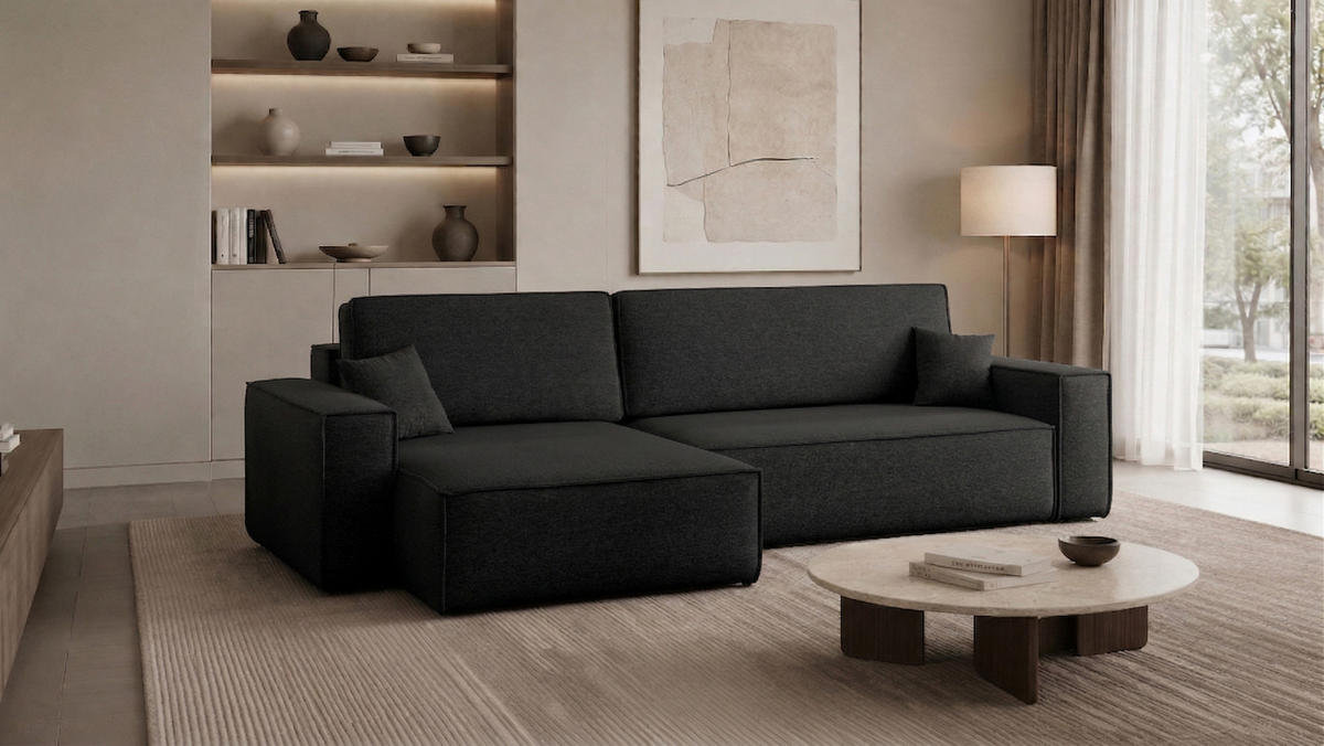 ECKSOFA Mit Schlaffunktion Und Bettkasten, Eckcouch Best XL Stoff Verita Schwarz Links - Schwarz, Holz (145/274cm) - Kaiser Möbel