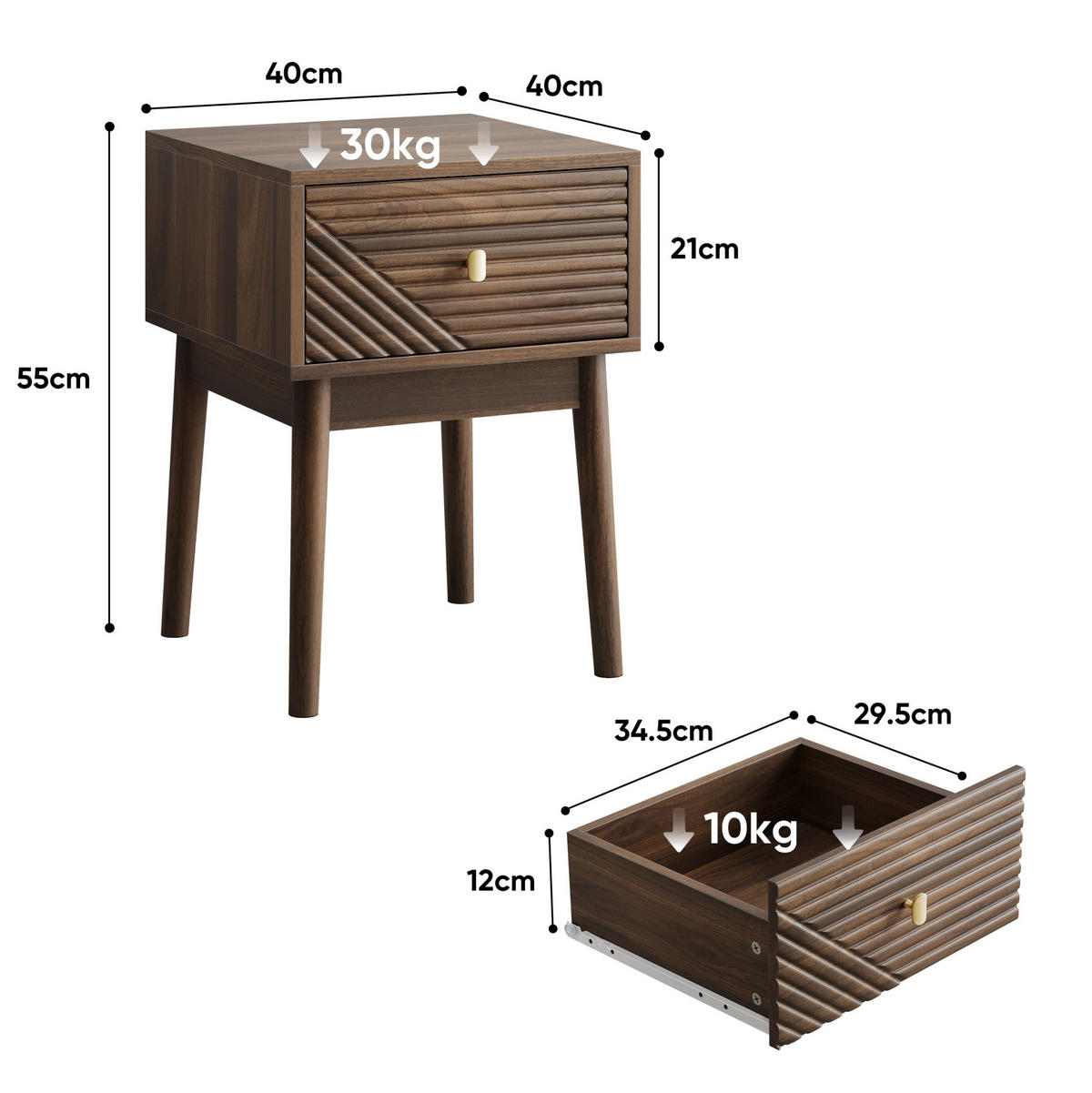 NACHTTISCH 40/40/55 cm walnussfarben aus MDF mit 2 Schubladen - Braun, Holzwerkstoff (40/55/40cm) - OKWISH