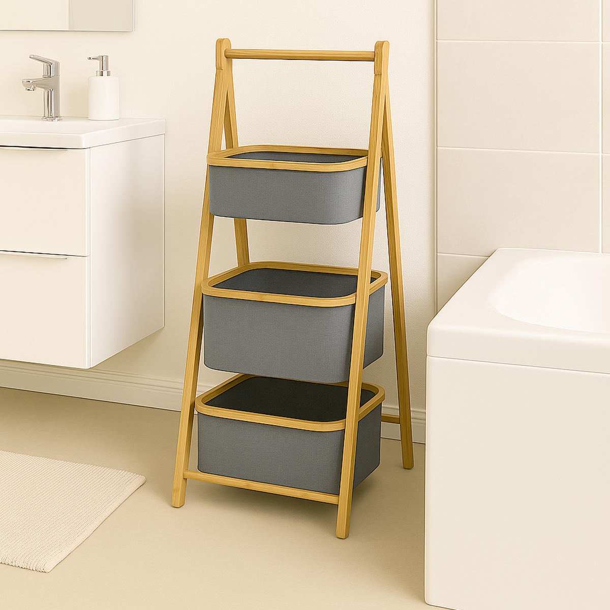 AUFBEWAHRUNGSREGAL Bambus mit 3 Stoffkörben 45x31×108 cm - Grau, Textil (45/108/31cm) - Bestlivings