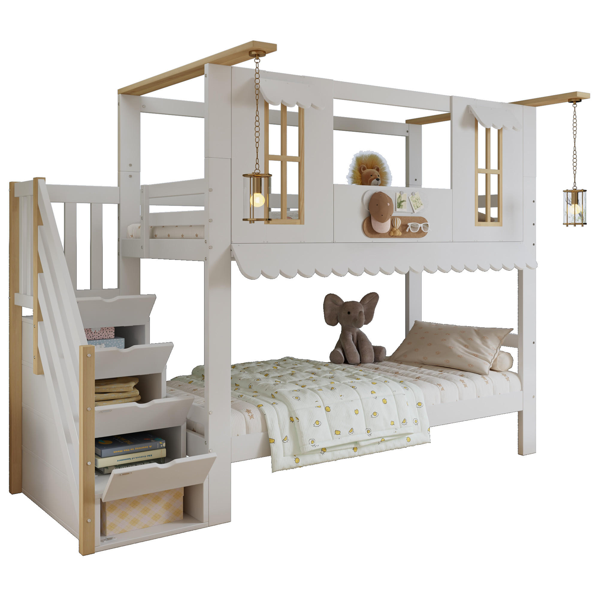 ETAGENBETT 90/200 cm Weiß/Natur mit Aufbewahrungstreppe und Hausdesign - Weiß, Holz (90/200cm) - Flora Grace