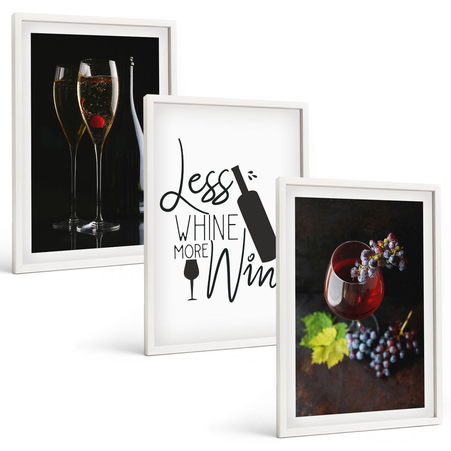 BILDER SET 3er Set - 40x60 cm Weißer Rahmen - Weingläser mit Trauben und Inschrift - Weiß, Kunststoff (40/60cm) - TULUP