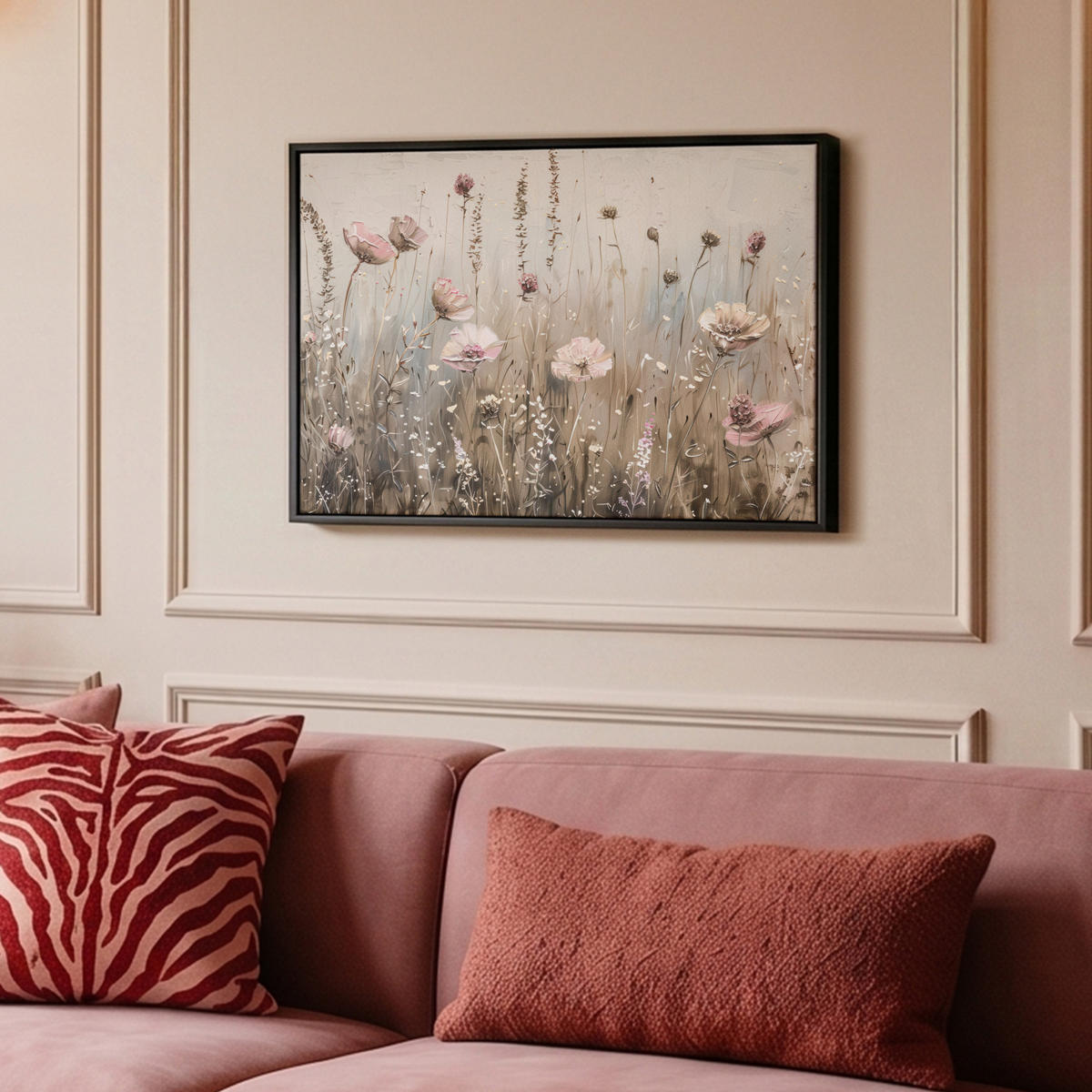 LEINWAND Bilder mit Rahmen - Blumen - Rosa - Modern - Beige - 60x40 - Beige, Textil (60/40cm) - MuchoWow