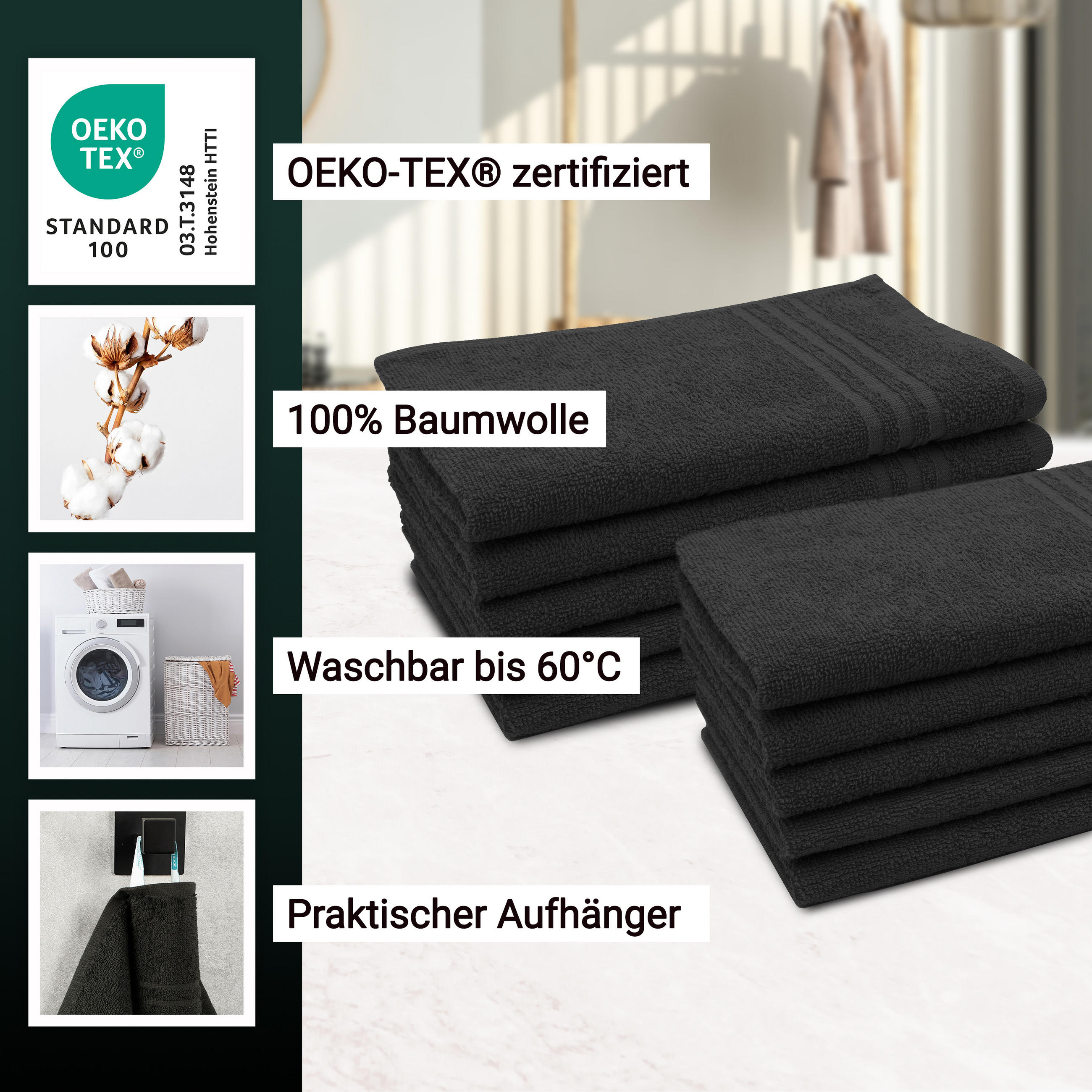 GÄSTETÜCHER, 10er-Set, 30x50 cm, 100% Baumwolle, Schwarz - Schwarz, Textil (30/50cm) - Zollner