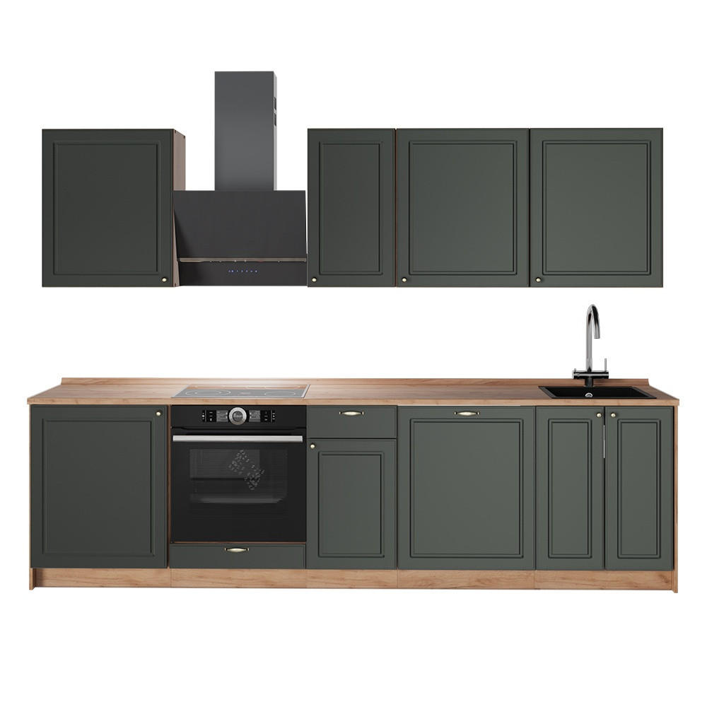 KÜCHENZEILE Fame-Line, Grün-Gold Landhaus/Goldkraft Eiche, 280 cm, AP Eiche - Eichefarben/Grün, Holzwerkstoff (280/206.8/60cm) - Vicco