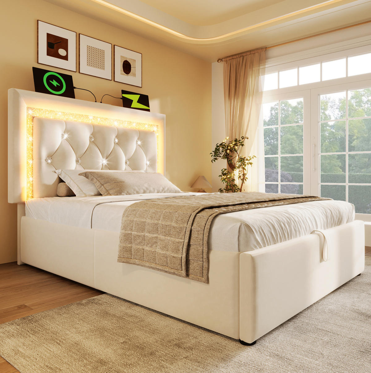 POLSTERBETT 90/200 cm Beige aus Samt mit Bettkasten, LED und USB- und Type-C-Anschlüssen - Beige, Textil (90/200cm) - Flora Grace