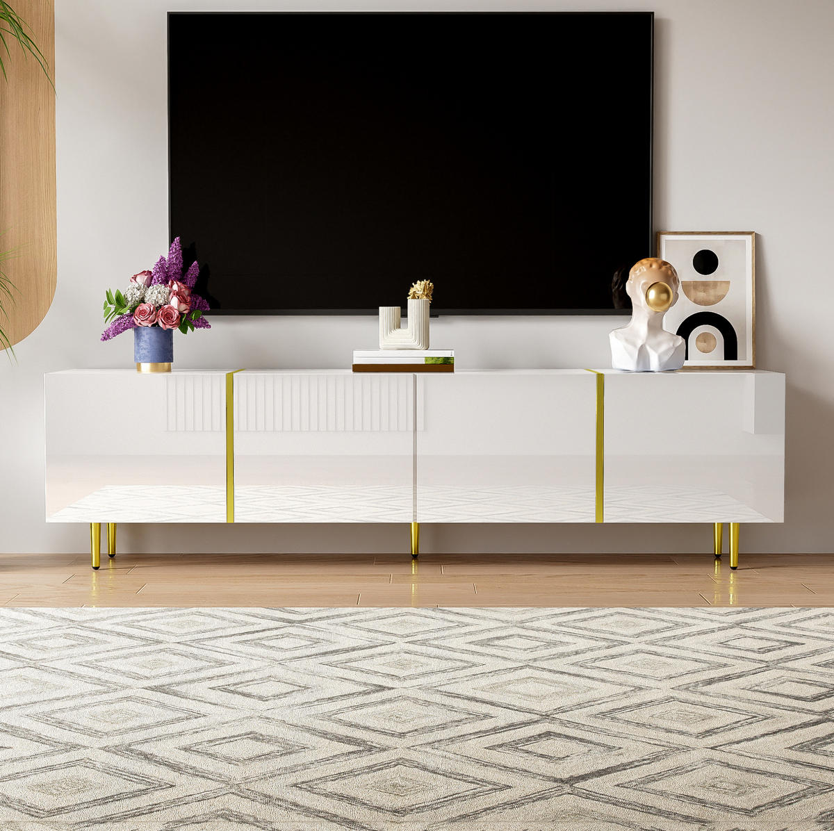 TV-SCHRANK aus MDF 170x35x46 cm Weiß Hochglanz mit 4 Türen und Soft-Close-Scharnieren - Weiß, Holzwerkstoff (170/46/35cm) - Modfu