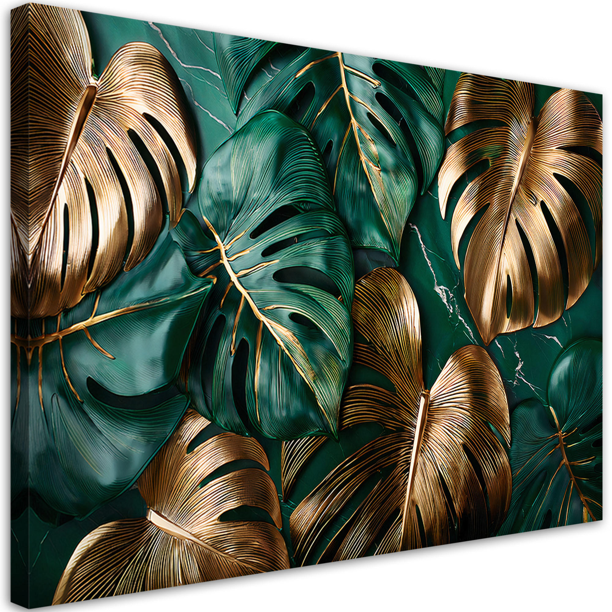 LEINWANDBILD Goldgrüne Monstera-Blätter - Grün, Textil (60/40cm) - Feeby