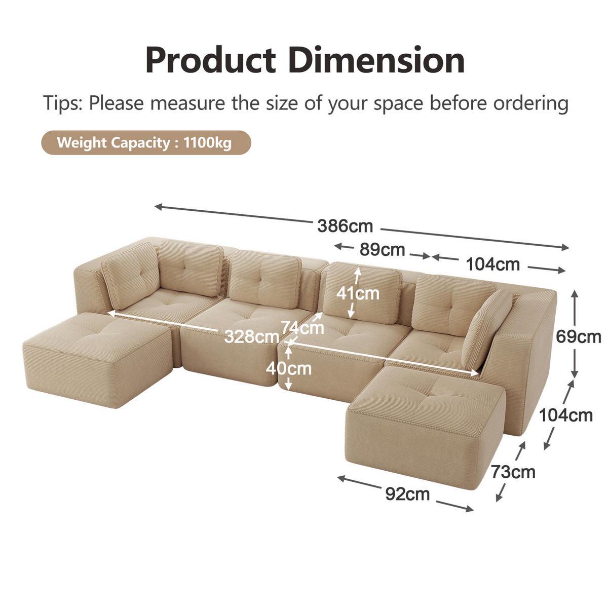 ECKSOFA 386/177/69 cm Beige aus Cord mit modularem Design und rutschfestem Standfuß - Beige, Textil (177/386cm) - OKWISH