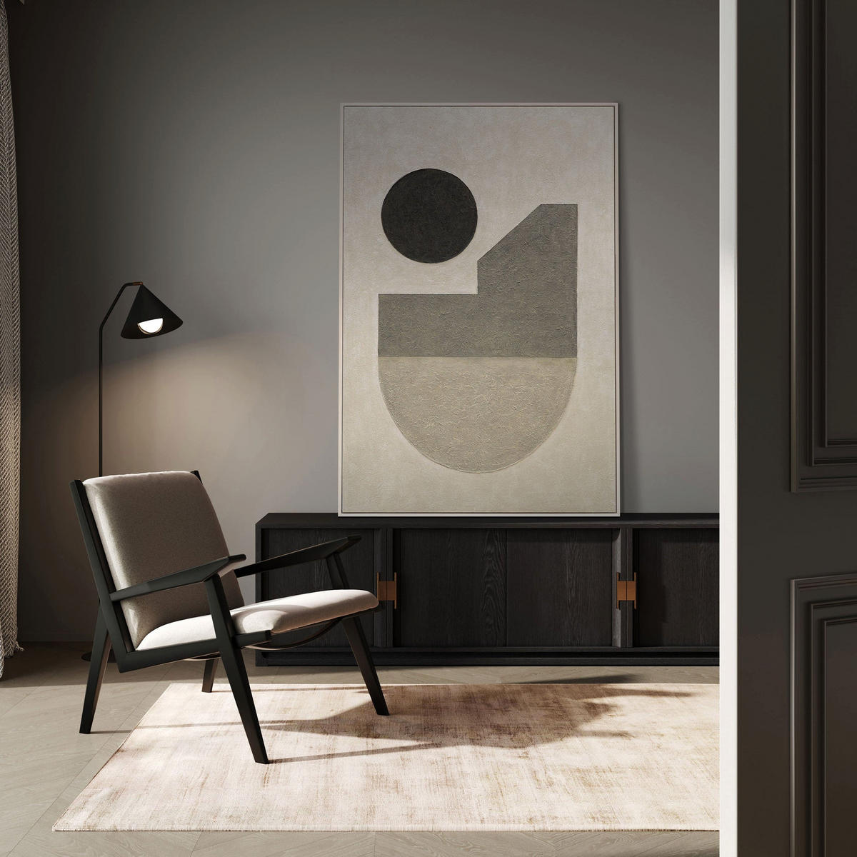 GEMÄLDE Stille der Geometrie Schattenfugenrahmen Beige 120x80 cm - Beige, Holz (120/80cm) - YS-art gallery