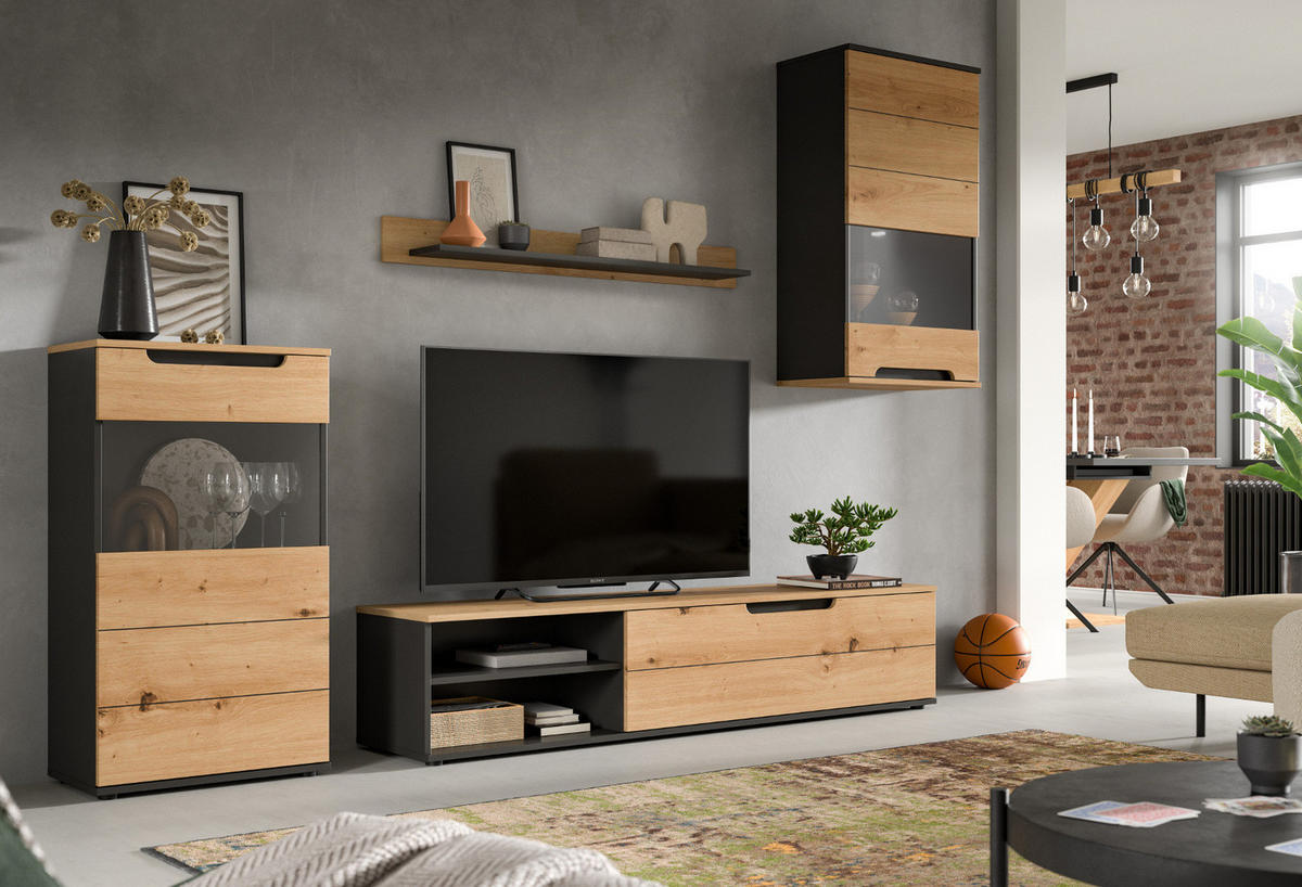 WOHNWAND Eiche Artisan, grau 4-teilig 246 cm, Schrankwand mit Soft-Close - Schwarz/Eiche Artisan, Glas/Holz (246/182/37cm) - Inn.Furn