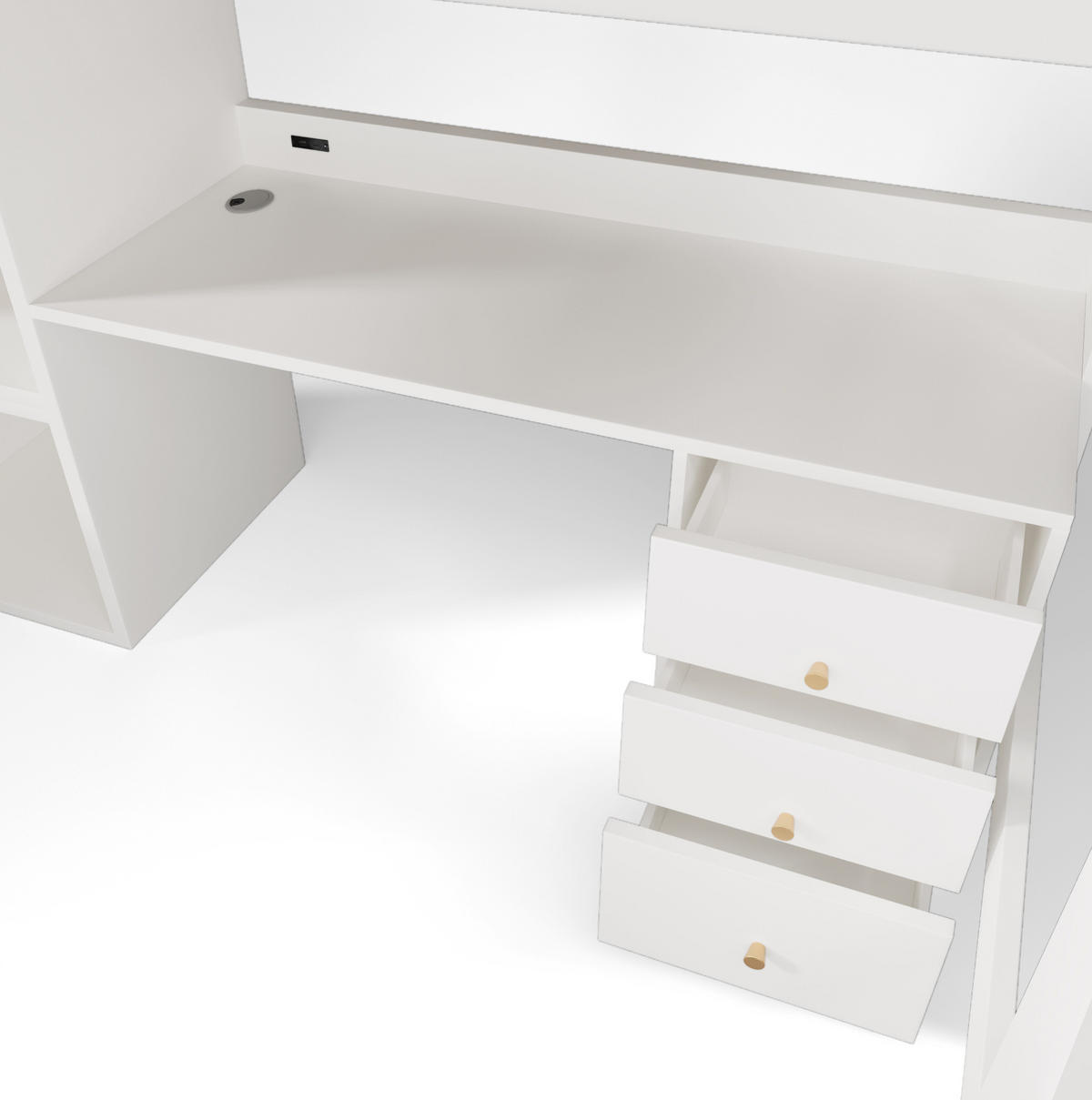 KINDEREINZELBETTEN aus MDF und Spanplatte 90x200 cm in Weiß mit Schreibtisch & USB/Type-C - Weiß, Holzwerkstoff (90/200cm) - Modfu