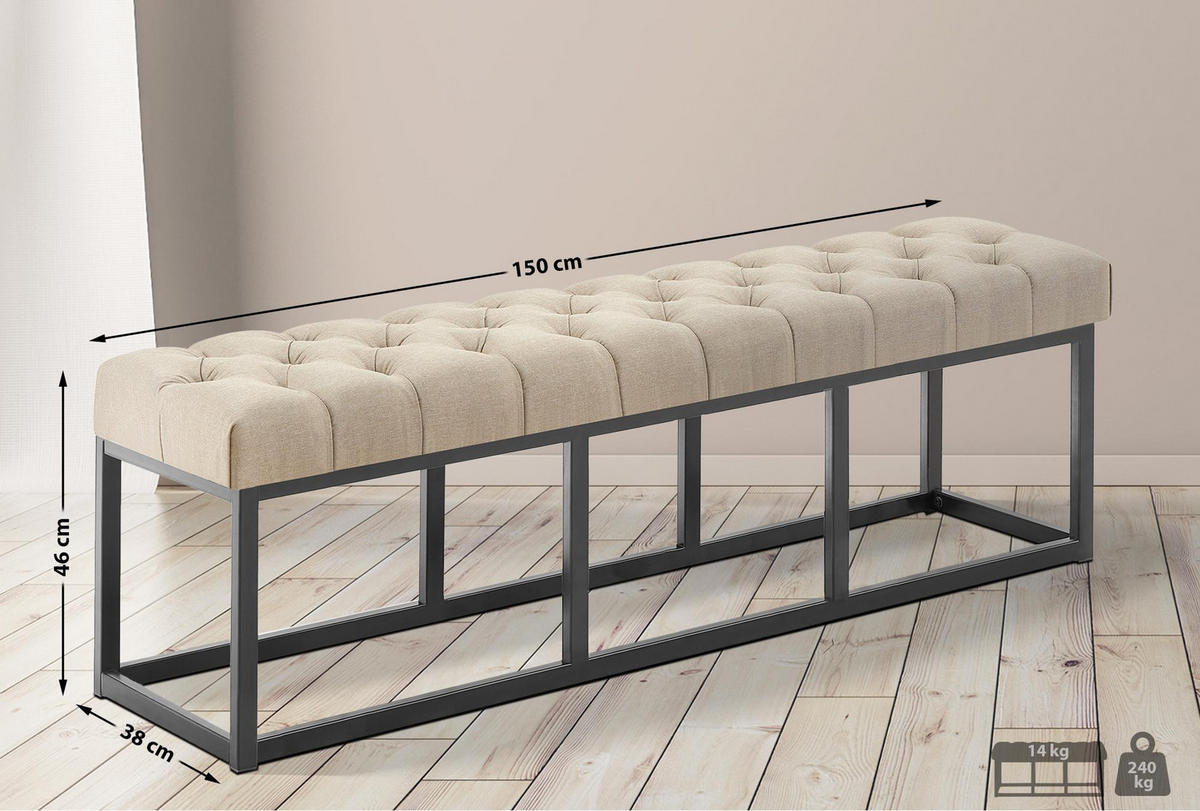 SITZBANK 150/38 cm Stoff Taupe - Taupe/Schwarz, Textil/Metall (150/46/38cm) - CLP
