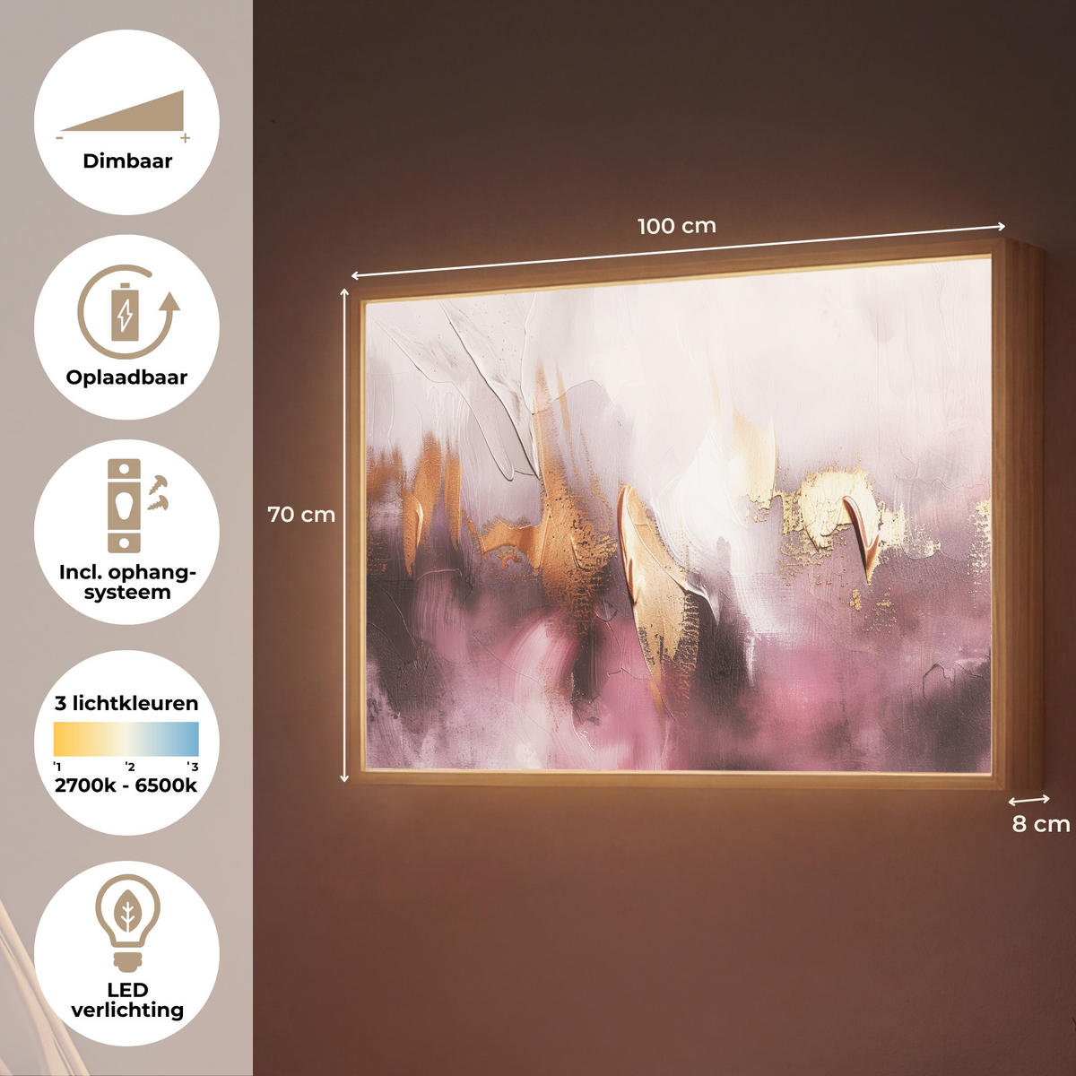 NÁSTĚNNÁ LAMPA S AKUMULÁTOREM Fialová - abstraktní - barva - zlatá 100x70 cm - světle fialová, kompozitní dřevo (100/70/8cm) - OnlyWow