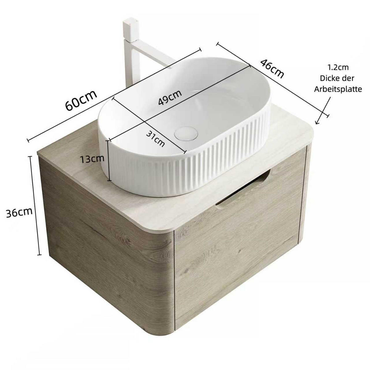 WASCHTISCHKOMBI 60x46x50.2cm Beige/Weiß mit ovalem Keramikbecken & Travertin-Arbeitsplatte - Creme, Keramik (60/50.2/46cm) - Modfu