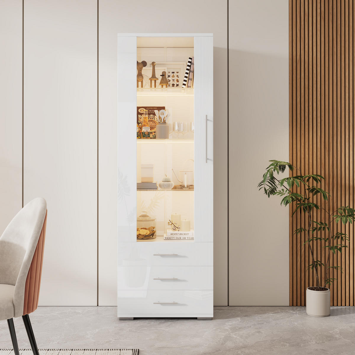 VITRINE in Weiß Standvitrine mit LED-Beleuchtung und 3 Schubladen für Wohnzimmer, B60/T35/H180cm - Transparent/Weiß, Glas/Holzwerkstoff (60/180/35cm) - STILVORA