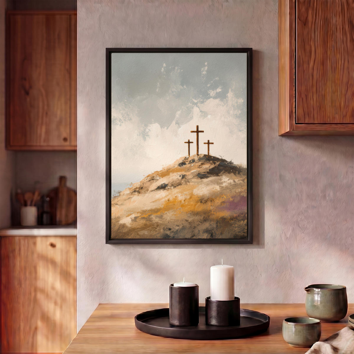 LEINWAND Bilder mit Rahmen - Hügel - Abstrakt - Christentum - Kreuz - 30x40 - Hellgrau, Textil (30/40cm) - MuchoWow
