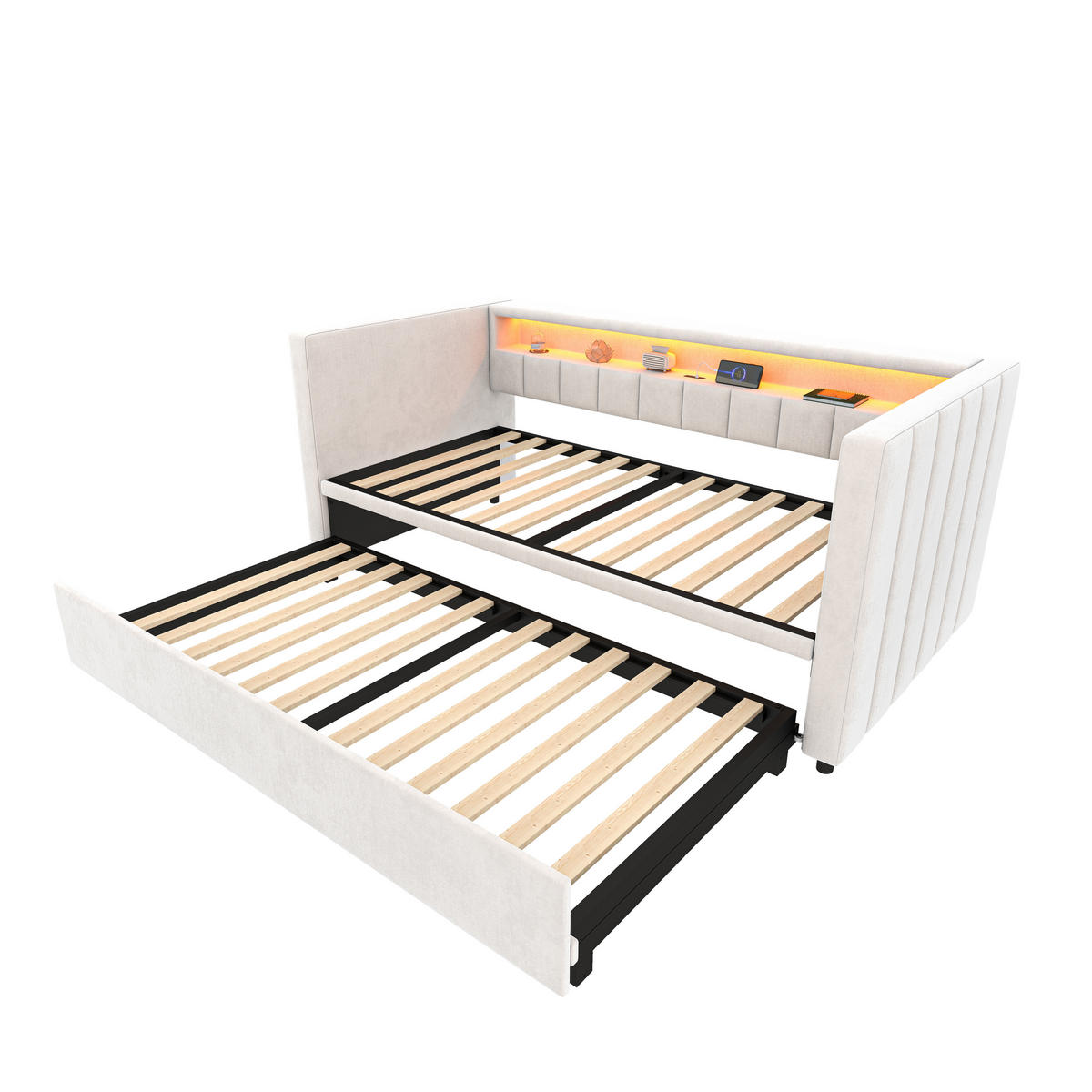 BETT 90/190 cm mit ausziehbarem Bett & USB-Type-C-Anschluss und LED-Beleuchtung Samt Beige - Beige, Textil (90/190cm) - OKWISH