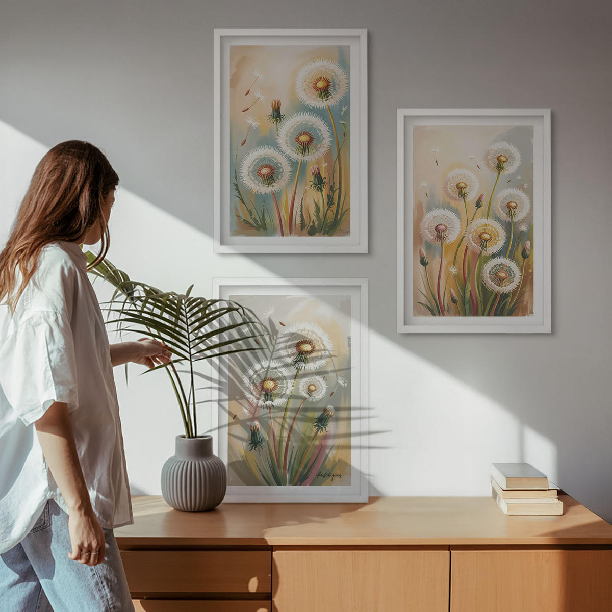 WANDBILDER 3er-Set - 40x60 cm Weißer Rahmen - Löwenzahnblüten, pastellfarbene Gräser - Weiß, Kunststoff (40/60cm) - ArtPrintCave