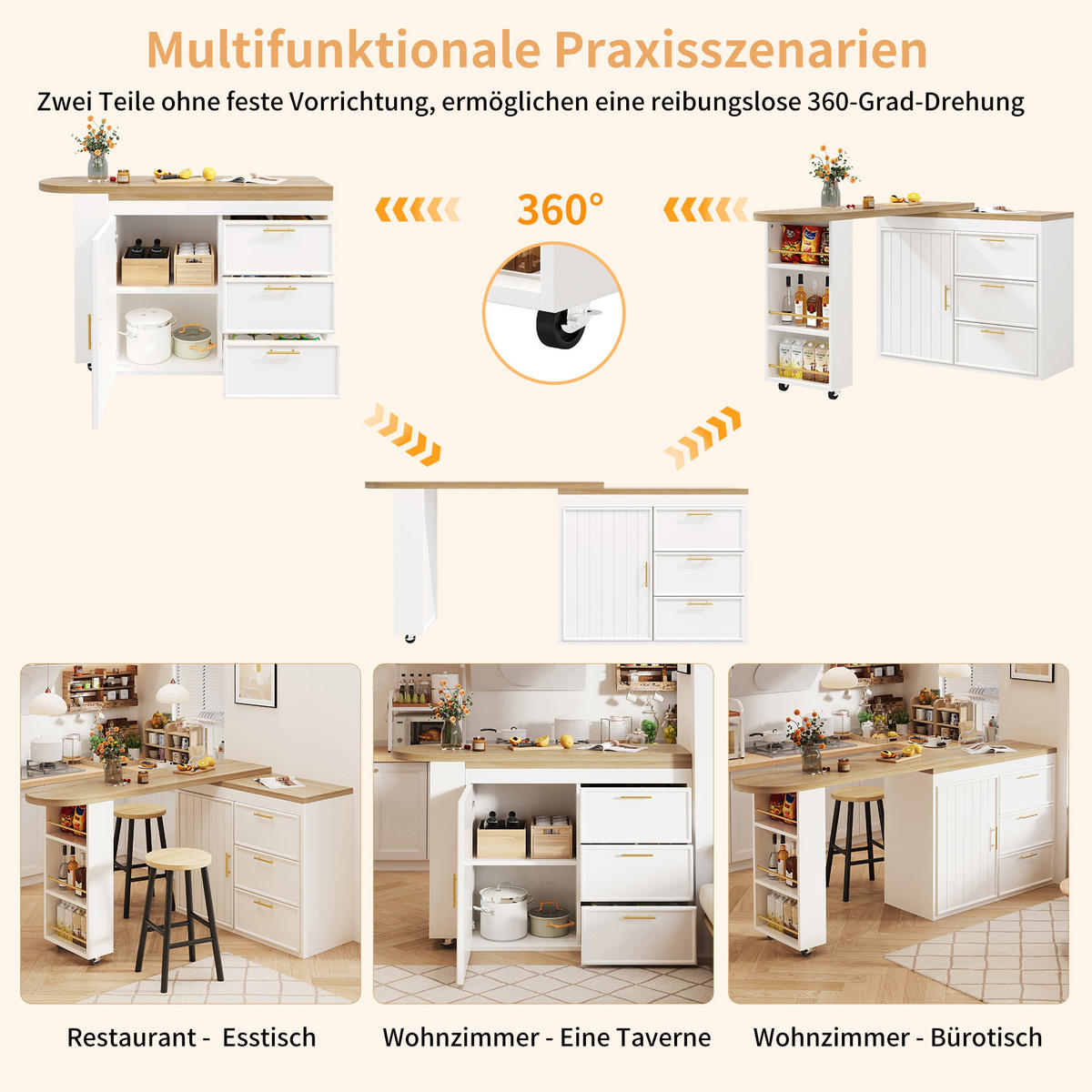 BARTISCH mdf in weiß mit holzoptik, 360° drehbar & 3 schubladen - Weiß, Holzwerkstoff (39/203/90cm) - Urban Meuble
