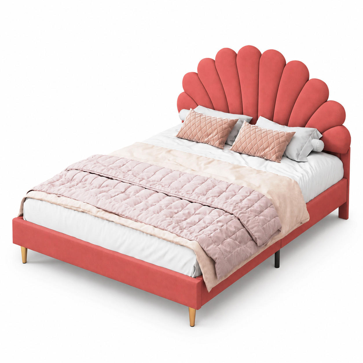 POLSTERBETT 140x200 Bordeaux Muschelkopfteil Doppelbett Jugendbett - Bordeaux, Holz/Metall (140/200cm) - Joyfair