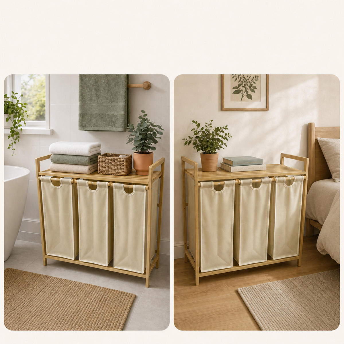WÄSCHESAMMLER Natur Beige 3er-Set Bambus - Multicolor, Holz/Textil (78/77/41.5cm) - Relaxdays