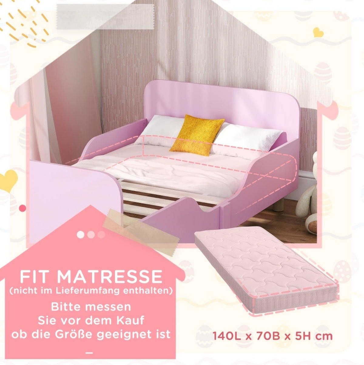 KINDERBETT 143/74 cm rosa aus Holz mit Rausfallschutz - Pink, Holzwerkstoff (74/143cm) - OKWISH