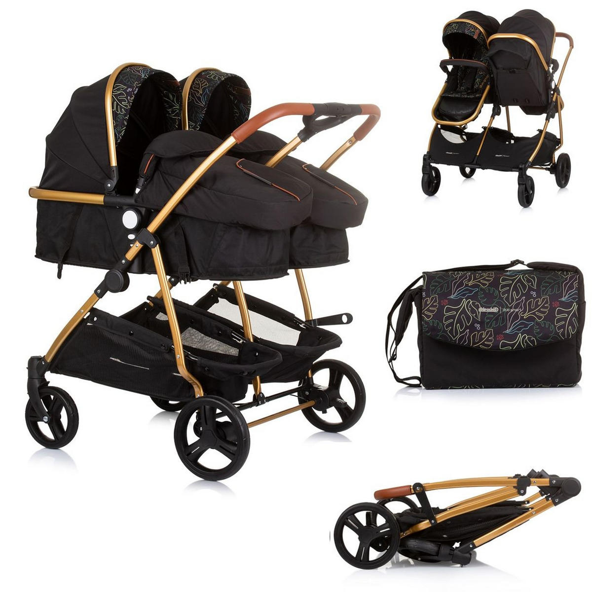 GESCHWISTERKINDERWAGEN Duo Smart schwarz gemustert klappbar, umbaubar, verstellbar, Fußsack - Multicolor/Schwarz, Metall (80/75/104cm) - Chipolino