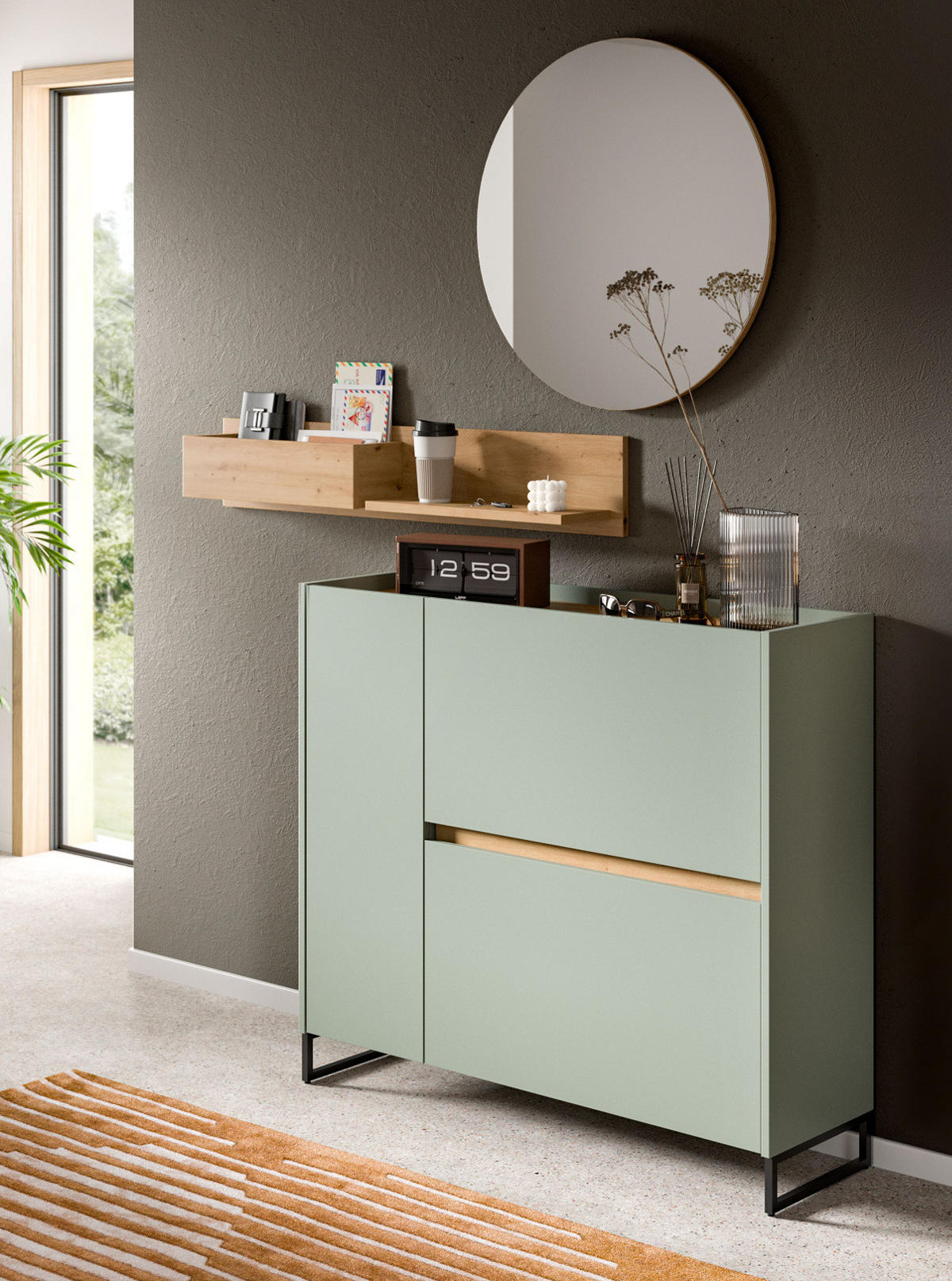 GARDEROBE Set 3-teilig in Salbei und Artisan Eiche 140 x 197 cm, Soft-Close Borga - Salbeigrün/Schwarz, Holzwerkstoff/Metall (140/197/32cm) - Inn.Furn