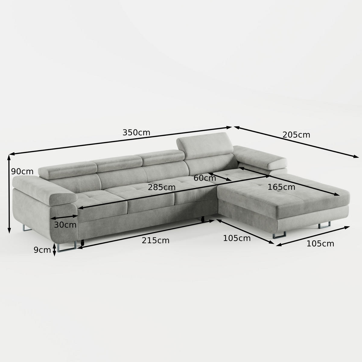 ECKSOFA VEMO CORE PLUS Rechts Hellgrau Velours-Stoff mit Schlaffunktion und Bettkasten - Hellgrau, Holz/Metall (350/205cm) - Barchello