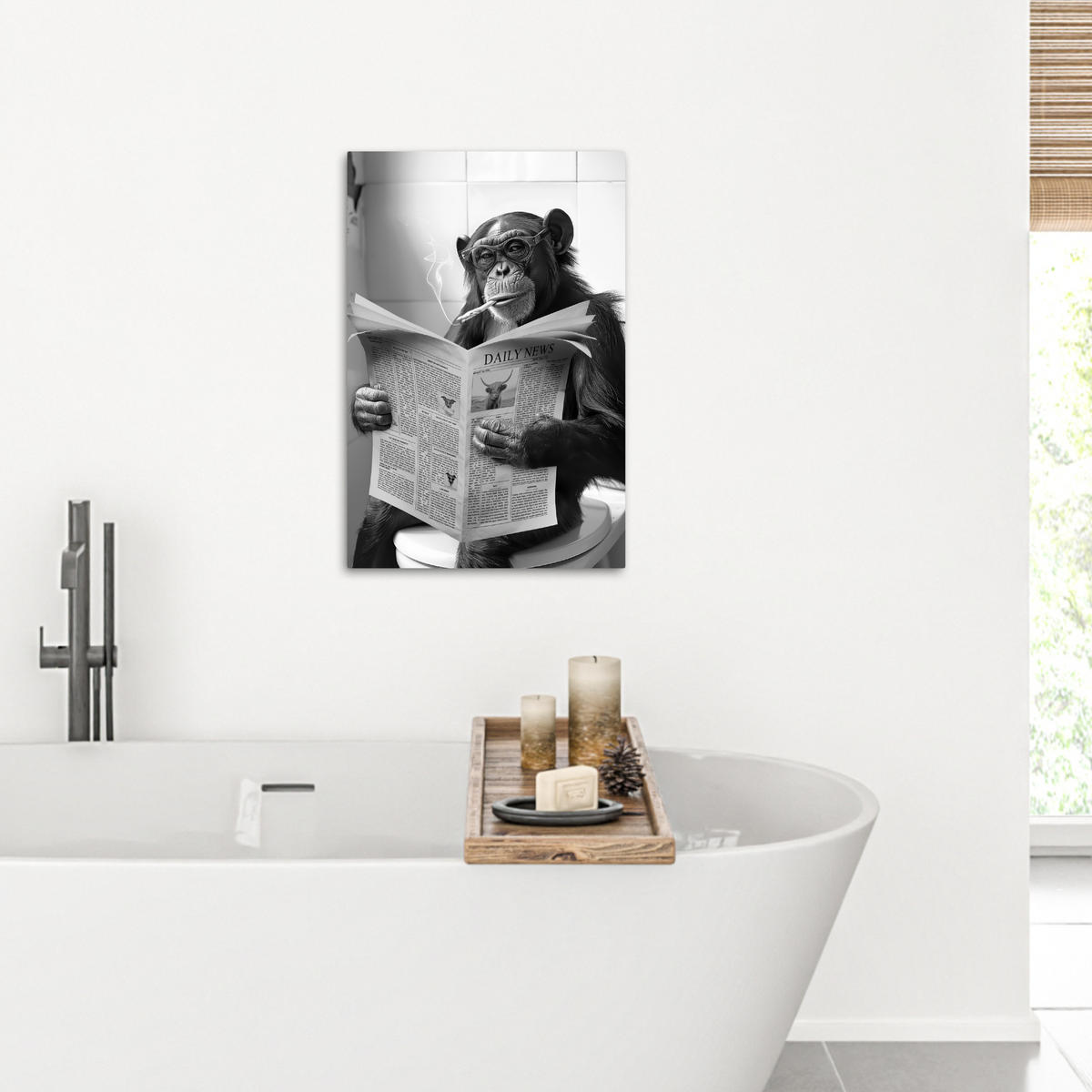 LEINWANDBILD Affe - WC - Zeitung - Schwarz-Weiß - Humor 40x60 cm - Hellgrau, Textil (40/60cm) - MuchoWow