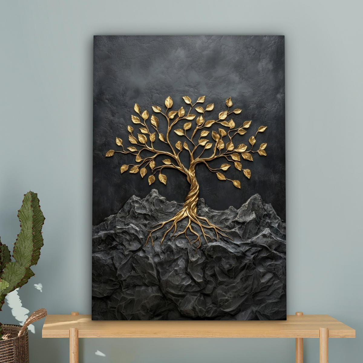 LEINWANDBILD Blätter - Gold - Baum - Fels Wanddeko 40x60 cm - Schwarz, Textil (40/60cm) - MuchoWow
