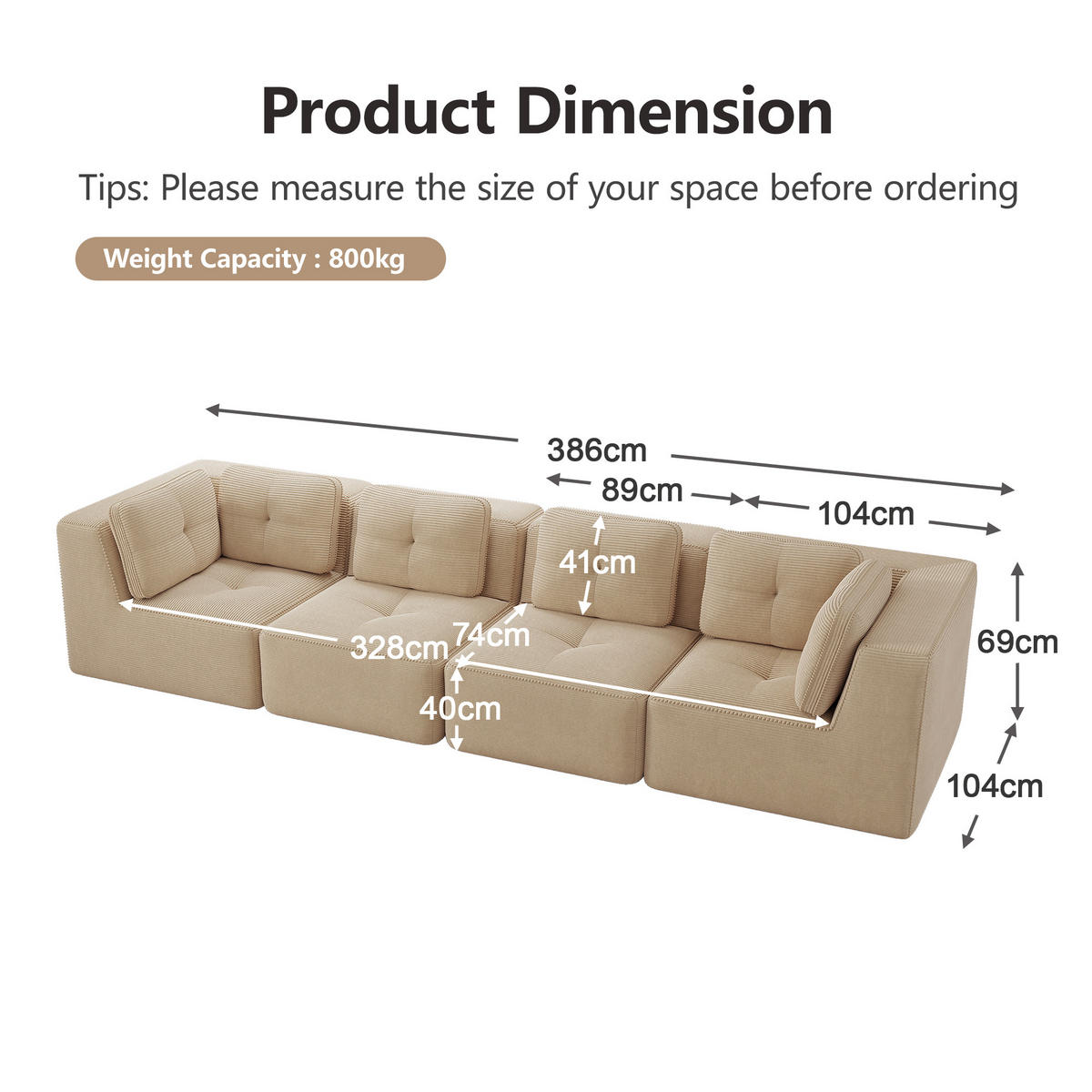 4-SITZER Sofa 386x104x69 cm aus Cordstoff rahmenlos modular, beige - Beige, Textil (104/69/386cm)