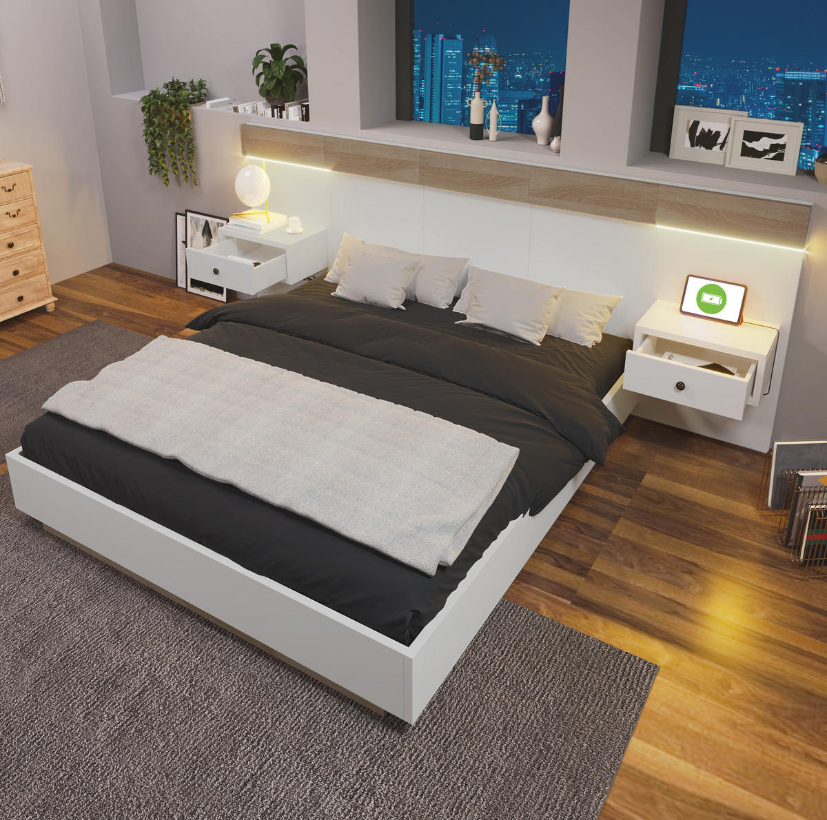 BETT 160/200 cm mit Kopfteil & 2 LED-Nachtkommoden inkl. Lattenrost - Weiß, Holzwerkstoff (160/200cm) - BEAOK
