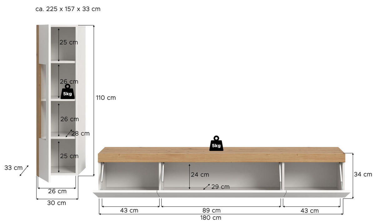 WOHNWAND Ardo 2 tlg. (B/H/T: ca. 225/34/33 cm) in Weiß/weiß - Weiß, Holzwerkstoff (225/34/33cm)