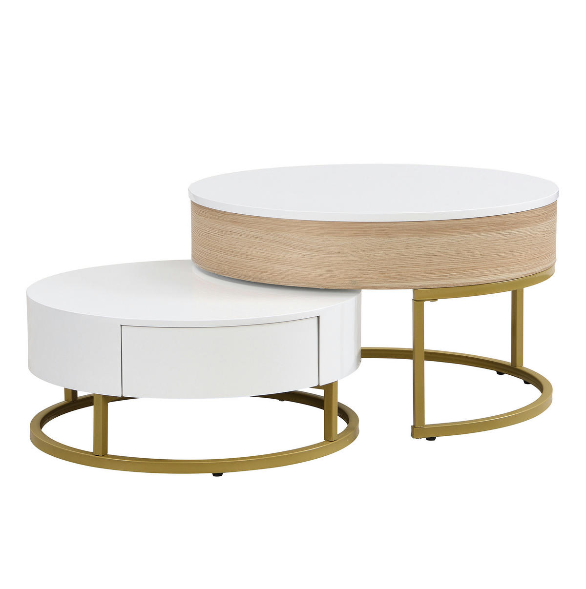 COUCHTISCH-SET 70/70/56 und 60/60/27 cm in Weiß mit Holzoptik, höhenverstellbar - Weiß, Holzwerkstoff (70/70/56.5cm) - Flora Grace