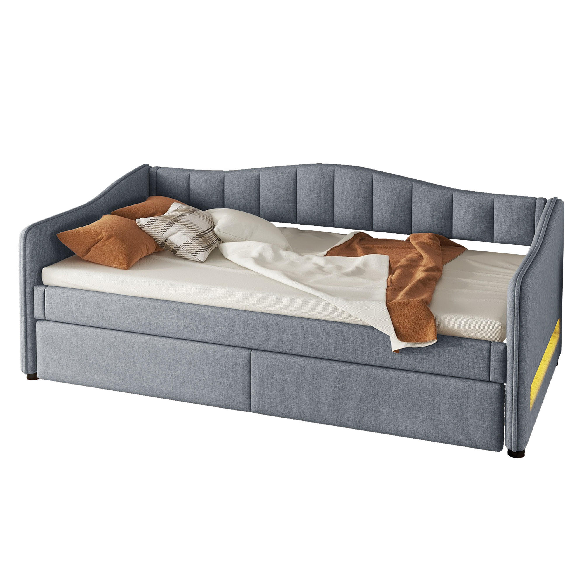 SCHLAFSOFA 90/200 cm & 90/200 cm in Grau Leinen mit Ausziehbett und LED - Grau, Holzwerkstoff/Textil (90/200cm) - WISHDOR