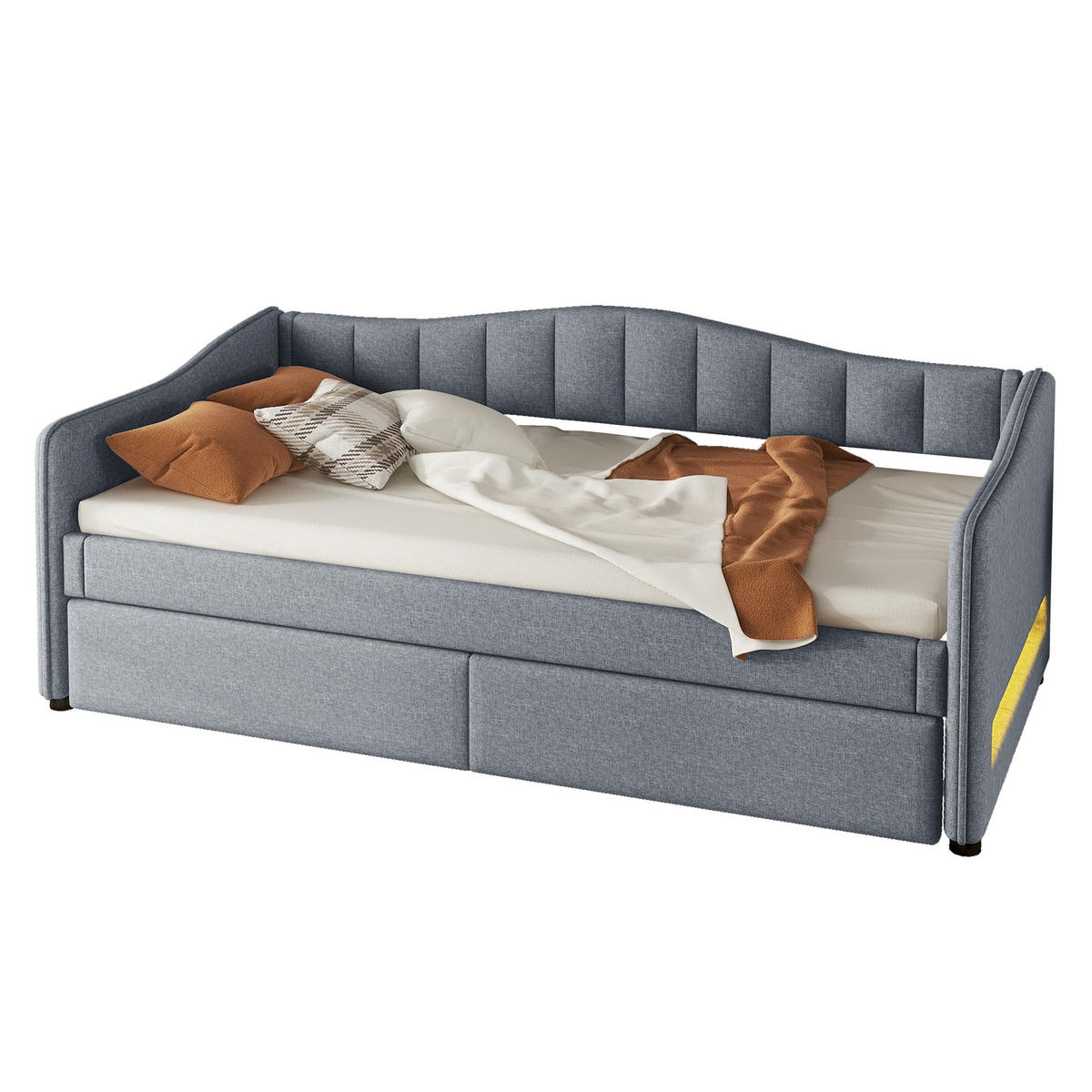 TAGESBETT 90x200cm Grau Leinen Mit Ausziehbett & Ambiente-Licht - Grau, Naturmaterialien (90/200cm) - FLIEKS