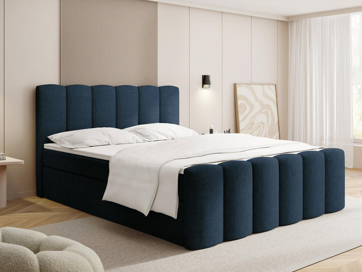 BOXBETT Serenity mit Bettkasten, Dunkelblau Chenille 160x200 cm – inkl. H4 Taschenfederkern Matratze & Foam Topper - Schwarz/Dunkelblau, Holz/Holzwerkstoff (160/200cm) - WFL GROUP
